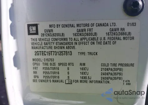 2003 GMC Sierra 1500 Slt from USA, damaged, VIN 2GTEC19T731257813